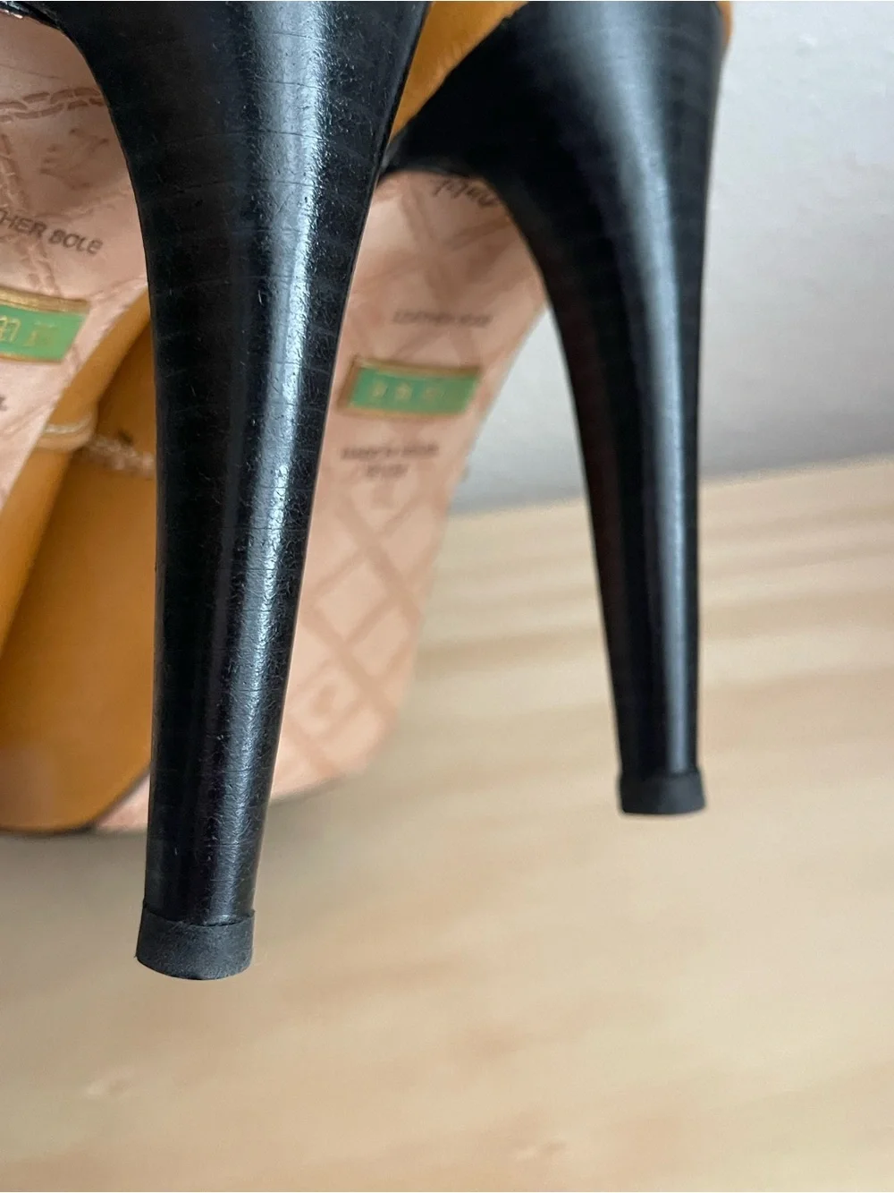 L.A.M.B. Tan and Black Patent Cap-Toe Stiletto Pumps